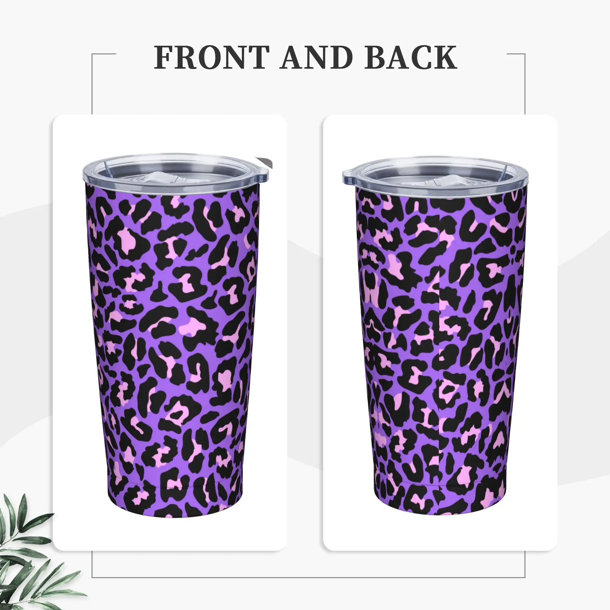Neon Purple Pink Leopard Print Insulated Tumbler with Straws Lid Exotic Animals Stainless Steel Thermal Mug Bottle Cup, 20oz