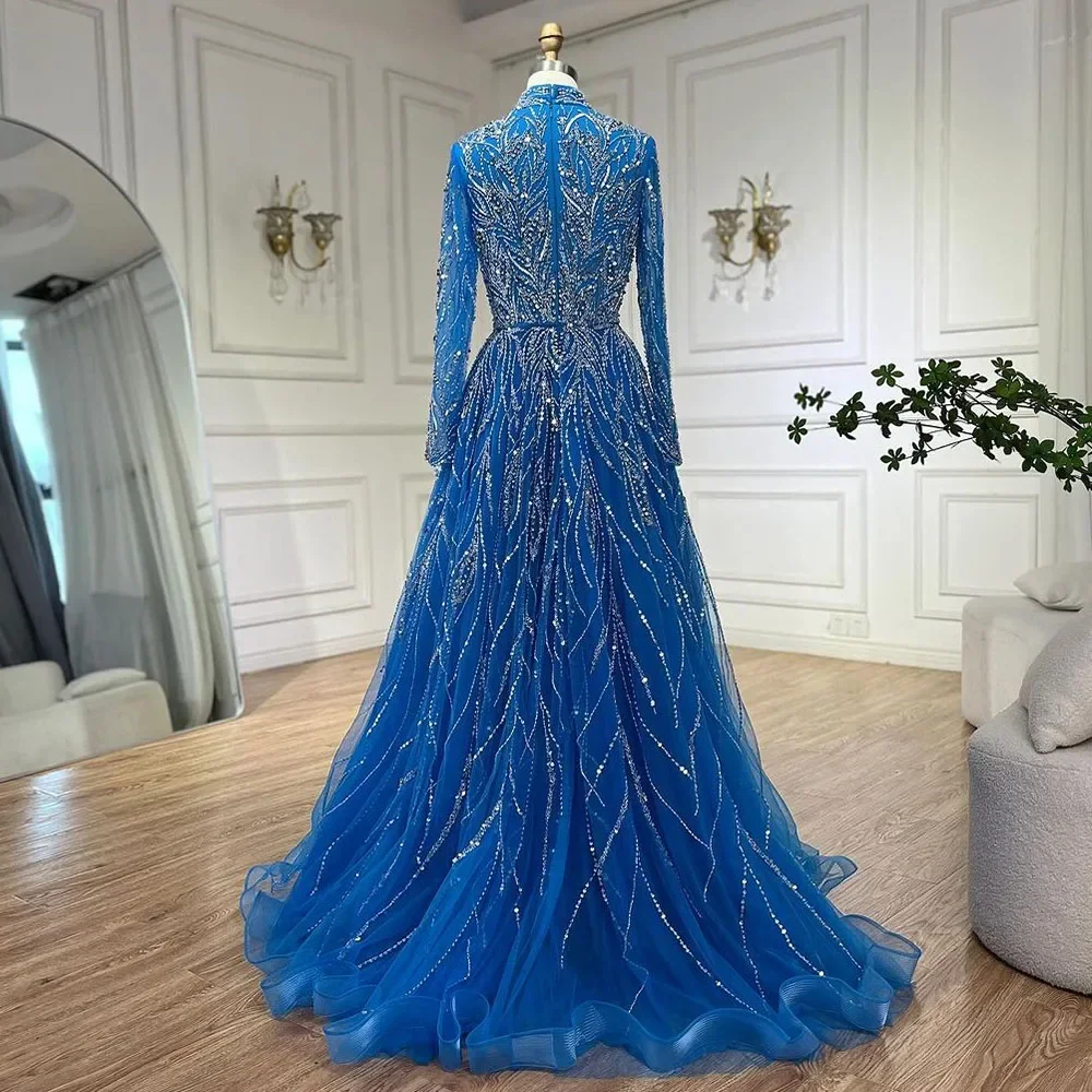 SERENE HILL Customized Blue A-Line Beaded Luxury Dubai Evening Dress Gown Modest For Muslim Women Wedding Party 2025 CLA72302A