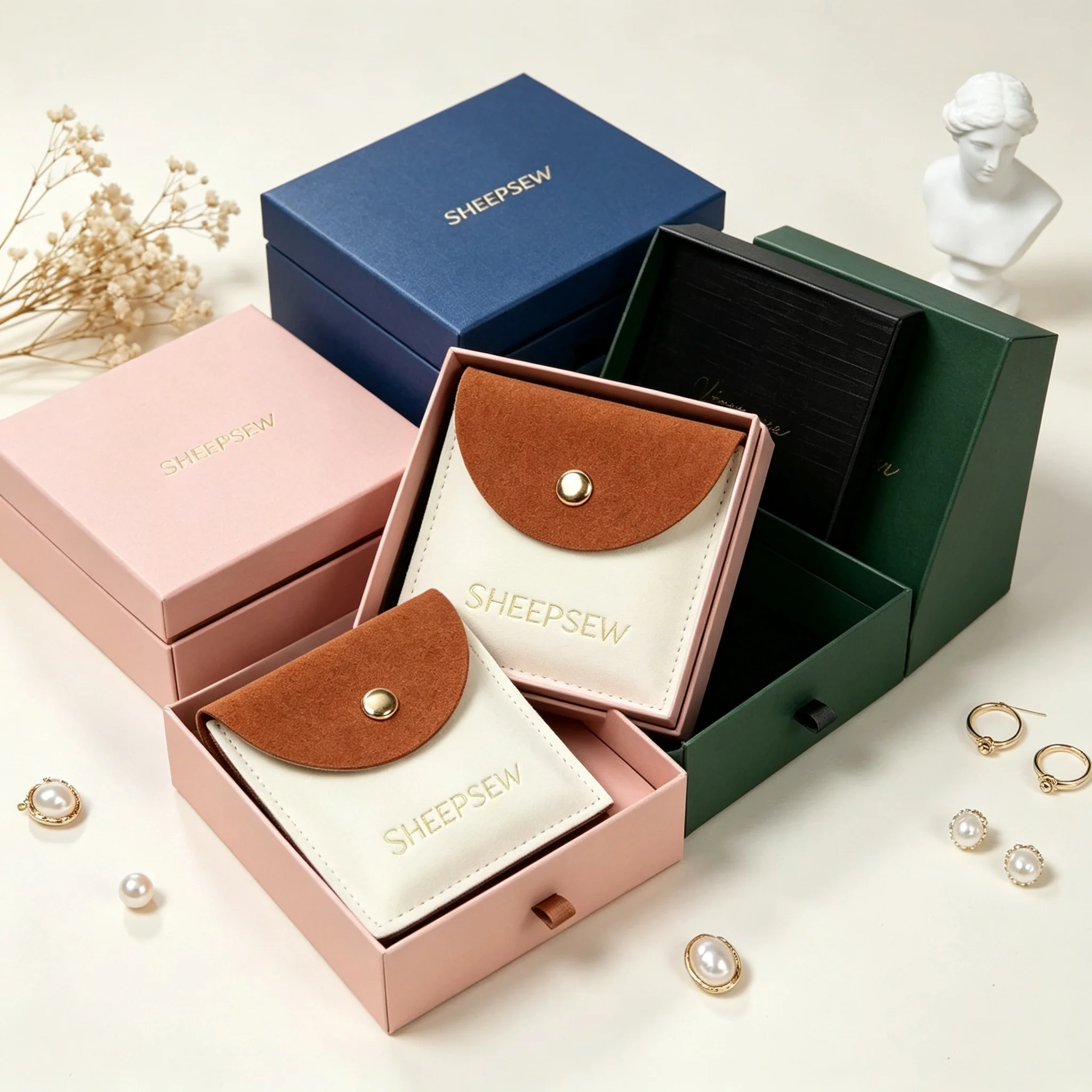 SHEEPSEW 24/50/100Sets Custom Logo 7x7x3cm Sliding Drawer Jewelry Box With 6x6cm Microfiber Snap Pouches For Earrings Rings Neck