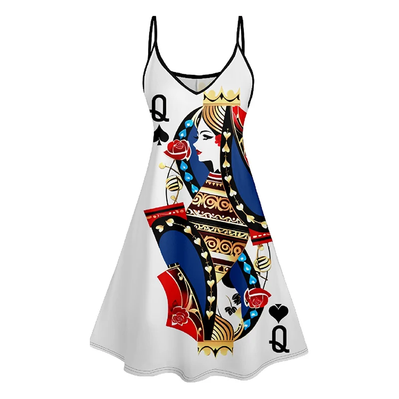 DRESSFO Women's Dress Queen of Spade Playing Card Print V Neck High Waist Spaghetti Strap  Sleeveless Summer A Line Cami Dress