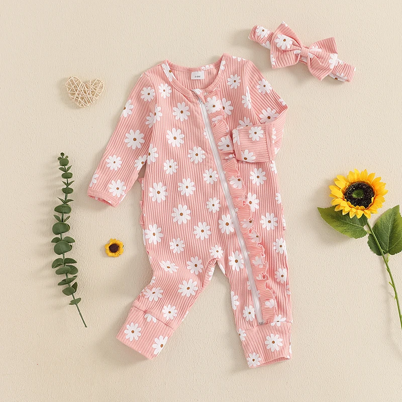 جمبسوت بكشكشة بطبعة زهور وأكمام طويلة مع عصابة رأس للفتيات حديثي الولادة ، ملابس أطفال ، ملابس خريفية ، من 0 إلى 6 أشهر ، 2