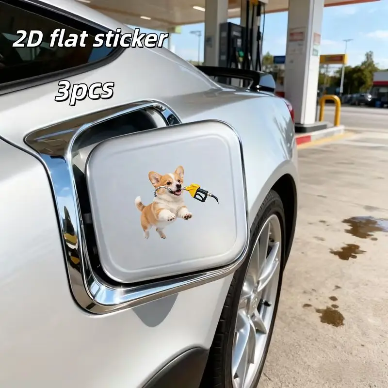 Adesivo Plano 2D, 3 Peças, Adesivo Fofo de Corgi com Bico de Combustível para Carros, Motocicletas, Vans, Caminhões, SUVs