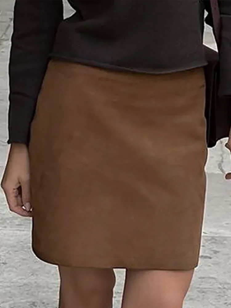 Retro Suede Short Skirt Women's Slim Fit High Waist Bodycon A-line Skirts 2025  Autumn Winter New Commute Street Lady Clothing