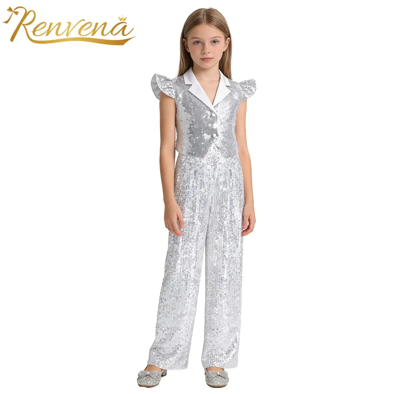 Kinder Mädchen Pailletten Bühnen-Performance-Outfit Streetwear 80er Disco Tanzkostüm Mode Glitzer Hip-Hop Jazz Tanz Party Anzüge
