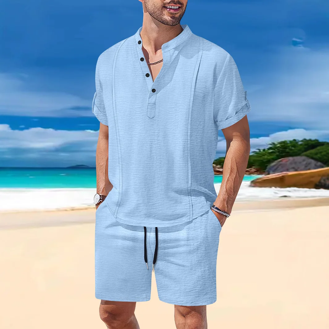 Men's Henley Shirt Shorts 2 Piece Set Summer Casual Matching Outfits Breathable Beach Yoga Daily Wear Short Suit Man Outfit Set