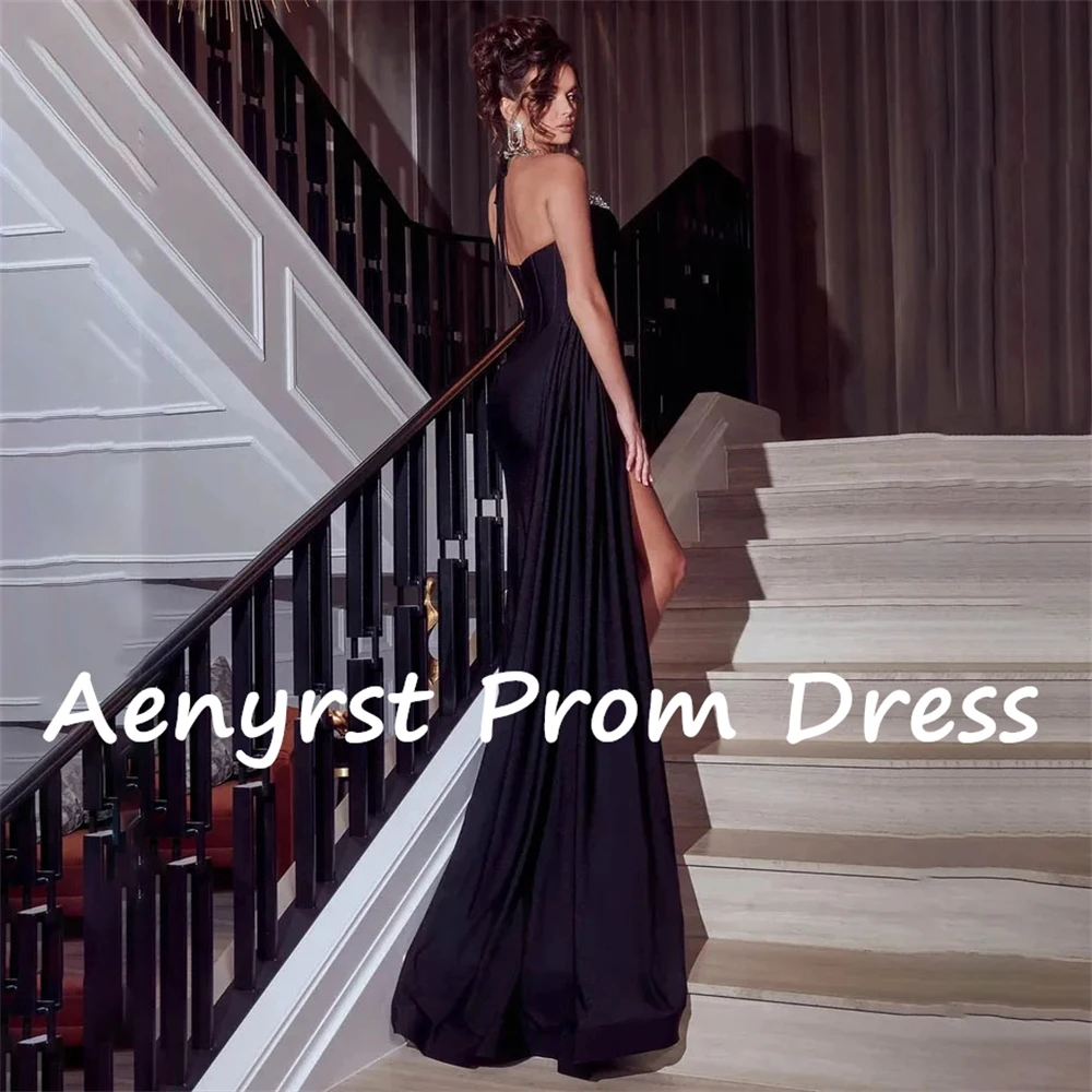 Aenyrst-vestidos de noche personalizados con cuello Halter, sexys, negros, con abertura lateral de satén, vestidos de fiesta de cristal hasta el suelo, vestido de fiesta Formal