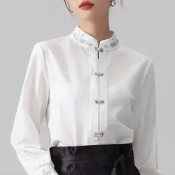 Chinese Style Standing Collar Long Sleeved Shirt for Early Spring Style with Embroidered Chinese Style Women's Clothing Inside