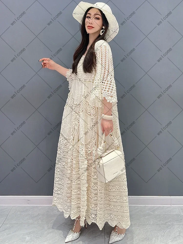 Lace Dress With Mid Sleeves Large Hem 2024 Spring Summer New Hollow Out Elegant Lady Fashion Loose Women Robe