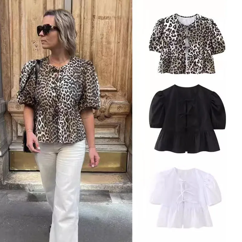 

Women O-Neck Puff Sleeve Shirt Bow Lace Up Tops Hollow Out Summer Female Chic Pullovers Casual Lady Leopard Printed Blouses