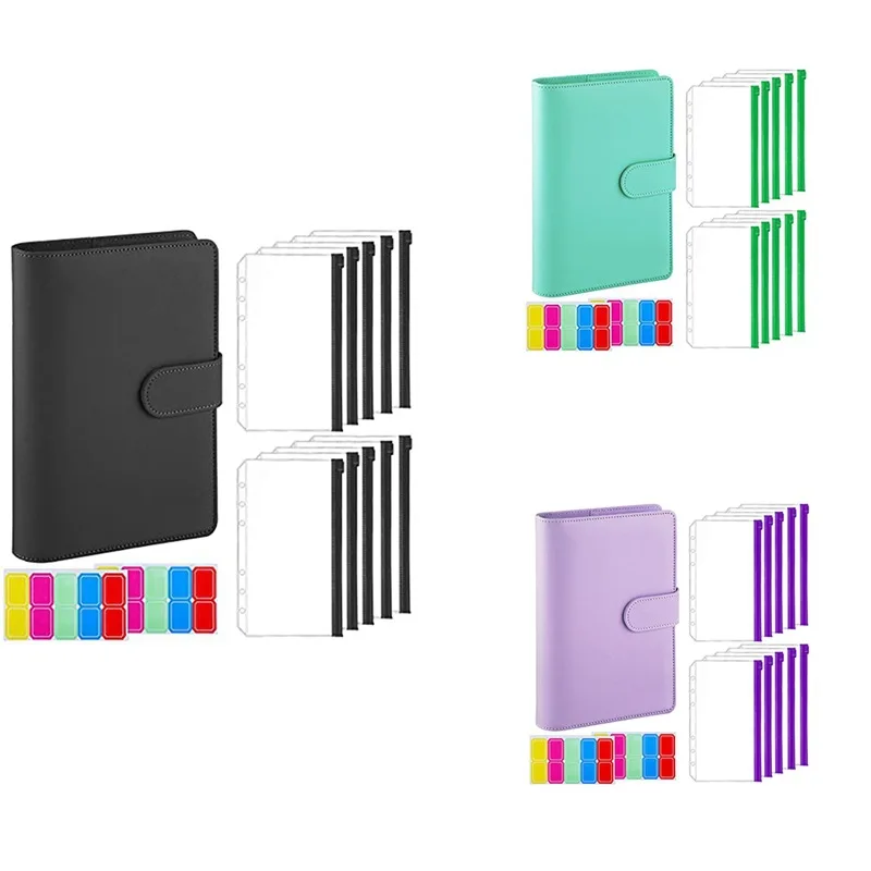 A6 Binder Budget Planner Notebook Covers Folder Colored  6 Hole Binder Pockets Plastic Binder Zipper Money Saving Envelope