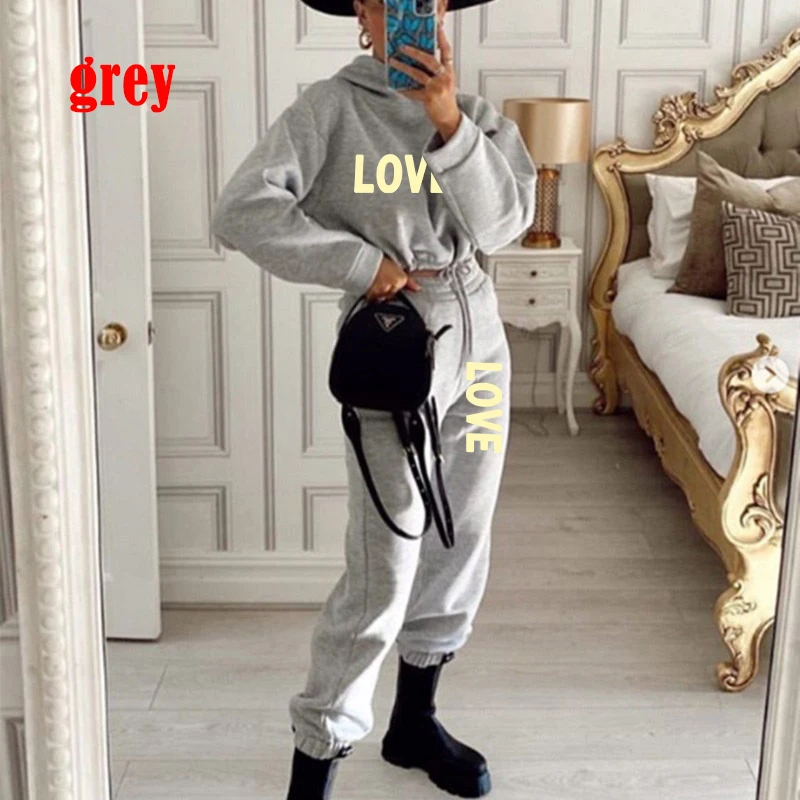 Cute LOVE Letter Print Tracksuit Women Suit Fleece Hoodies Casual Sports Wear Long Sleeved Sweater Trousers Sexy Suit