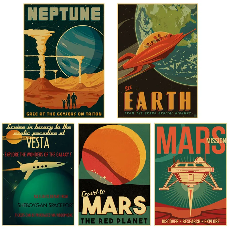 Outer Space Visions of The Future Travel Collection Posters Vintage Kraft Paper Wall Art Painting Home Decor Retro Poster