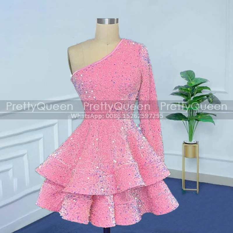 Customized Pink Sequins Short Prom Dresses Tiered A Line One Shoulder Single Long Sleeves Corset Back Homecoming Dress Party