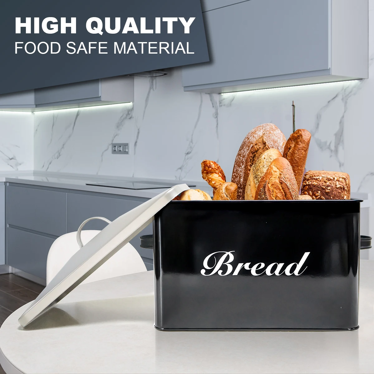 SOTECH Metal Bread Box Black Farmhouse Style Bread Bin For Kitchen Countertop Homemade Bread Food Storage Container
