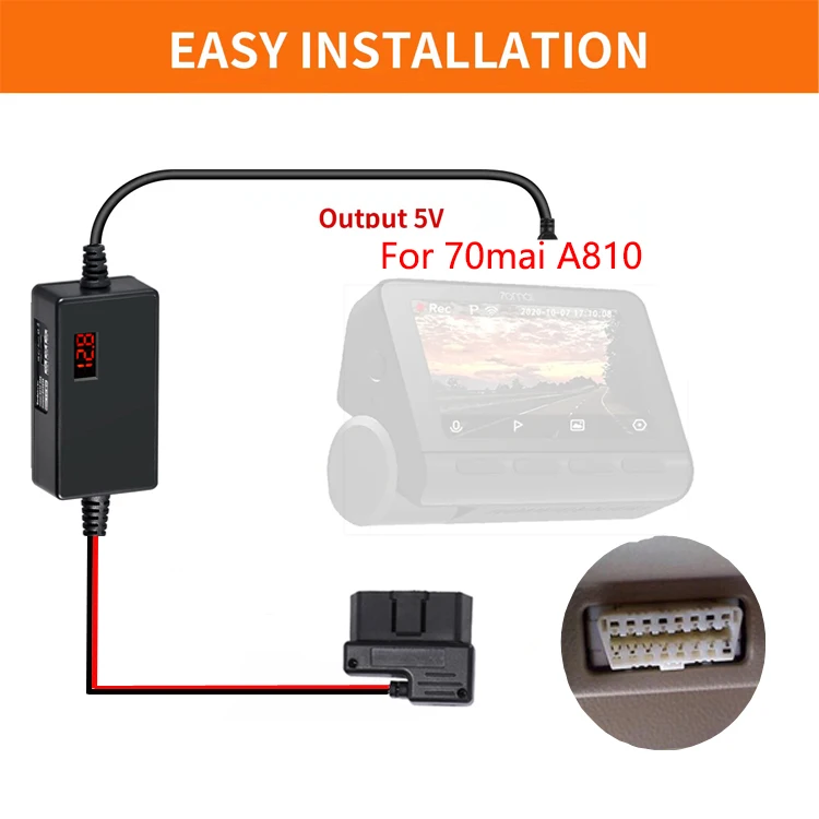 for 70mai Dash Cam A810 OBD Hardwire Kit Power Cable Type USB C Port 10FT 12V-24V to 5V for Dash Camera Low Voltage Protection