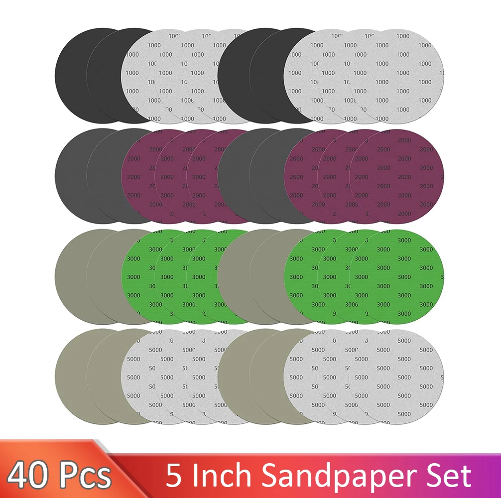 

40PCS 5 Inch Wet Dry Sanding Discs Hook & Loop Sandpaper 1000/2000/3000/5000Grit Grinding Abrasive Paper for Auto Polishing