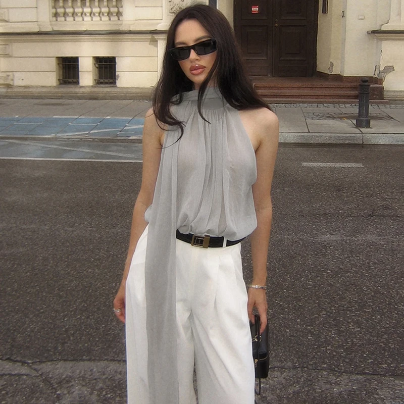 

Typhaland Casual Chiffon Ribbon Tanks T shirt Women's Sleeveless Top Sexy See-through Loose Summer Fashion Office Lady Clothe