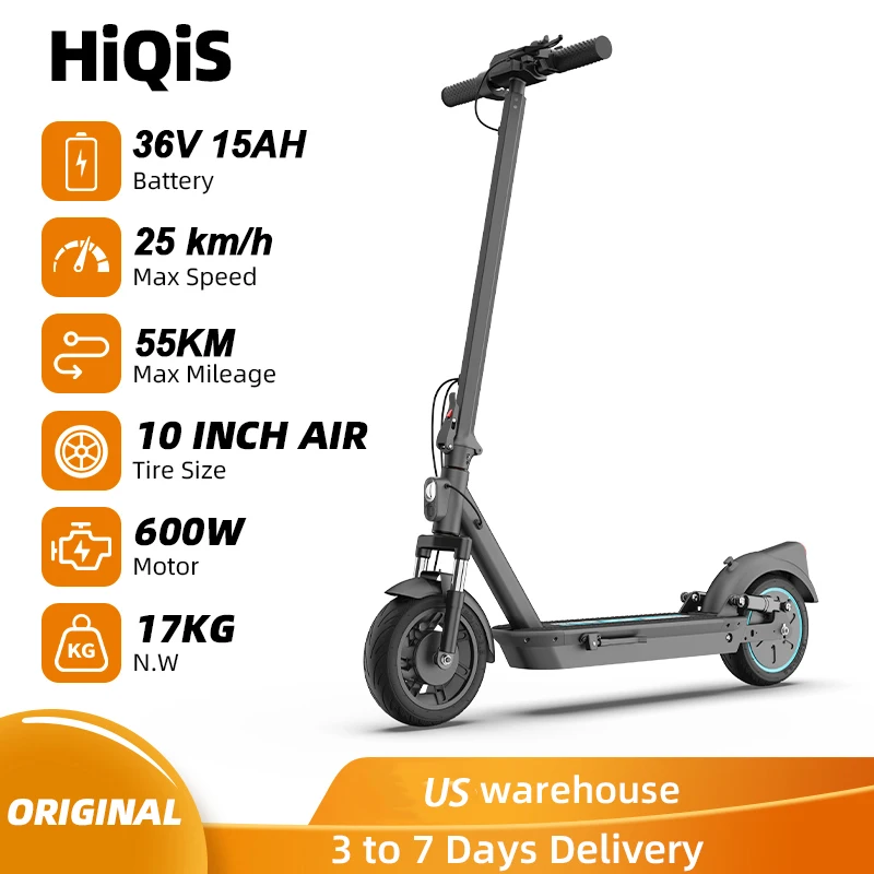 

Электросамокат HiQiS Max Pro с двигателем 600 Вт, 36 В, 15 Ач, скорость 40 км/ч, запас хода 55 км, 10-дюймовые пневматические шины, складной, для взрослых, с приложением