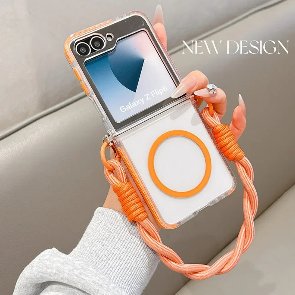 

Магнитный чехол для телефона Magsafe с ремешком на запястье для Samsung Galaxy Z Flip 6 5 4 3 Flip6 Flip5 Flip4 Flip3 5G Прозрачный чехол