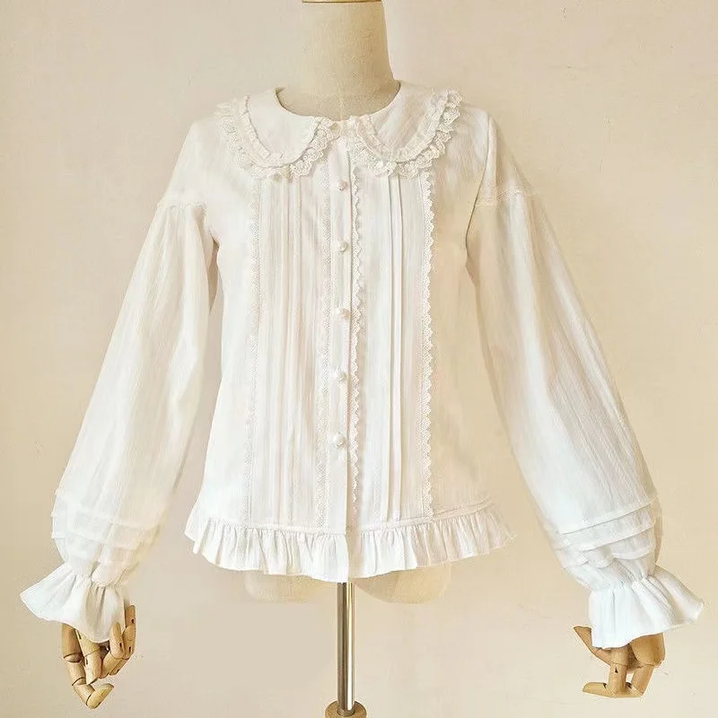 Japanese Style Lace Patchwork Ruffled Doll Collar Long Sleeve Single-Breasted Sweet Lolita Inner Shirt Blouse Women Summer 2024