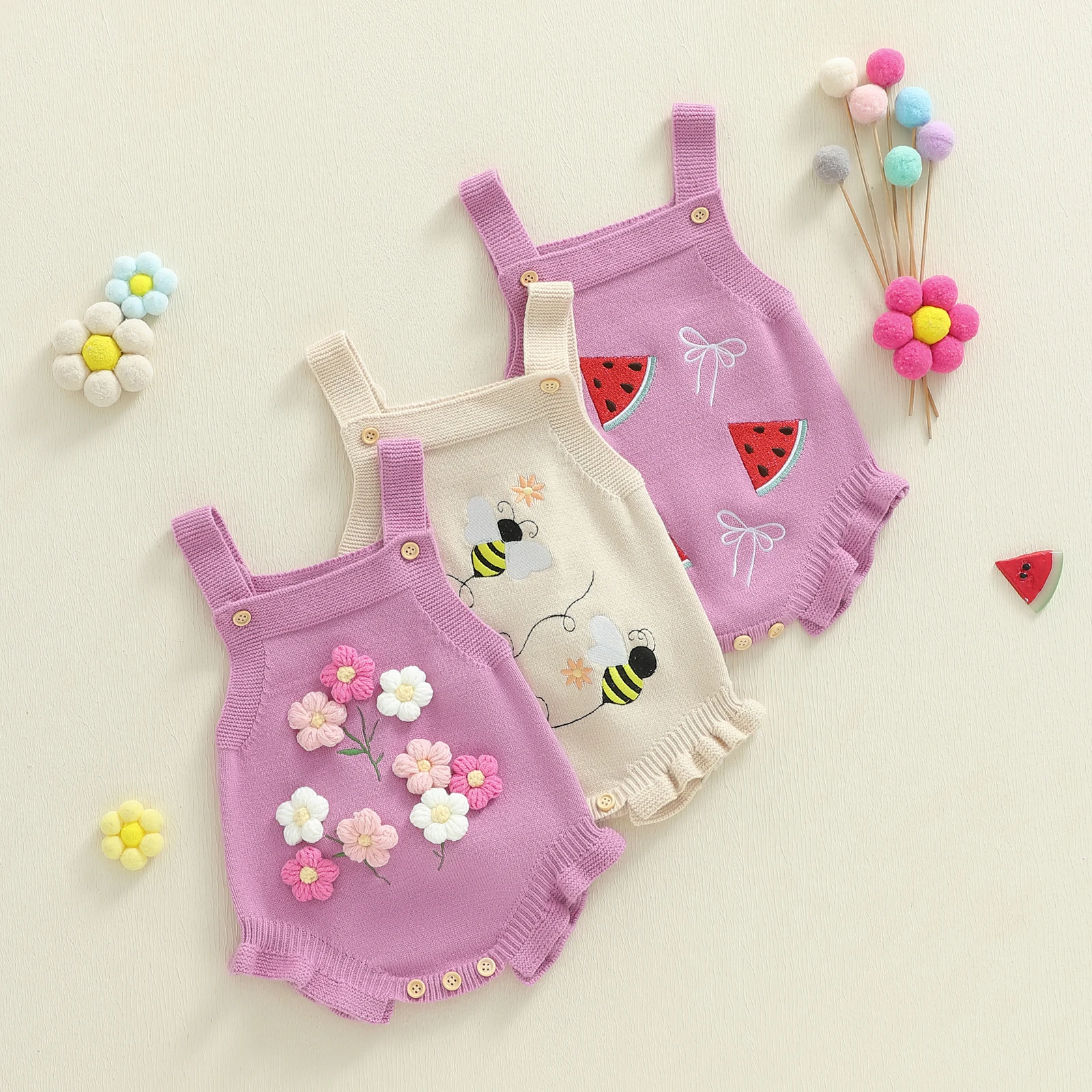 

0-18M Infant Baby Girl Bodysuits Knitwear Sleeveless Square Neck Cute Bee/Watermelon/Flowers Embroidery Fall Knitted Jumpsuit