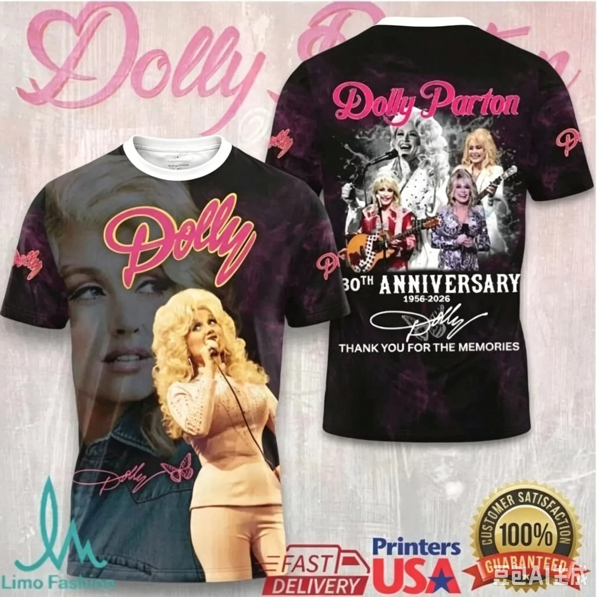 Dolly Parton T-Shirt Unisex Doppelseitiges Porträt Kurzarm-Oberteil Country-Musik-Fan Lässiges Streetwear-T-Shirt Familien-Matching – Detail 5