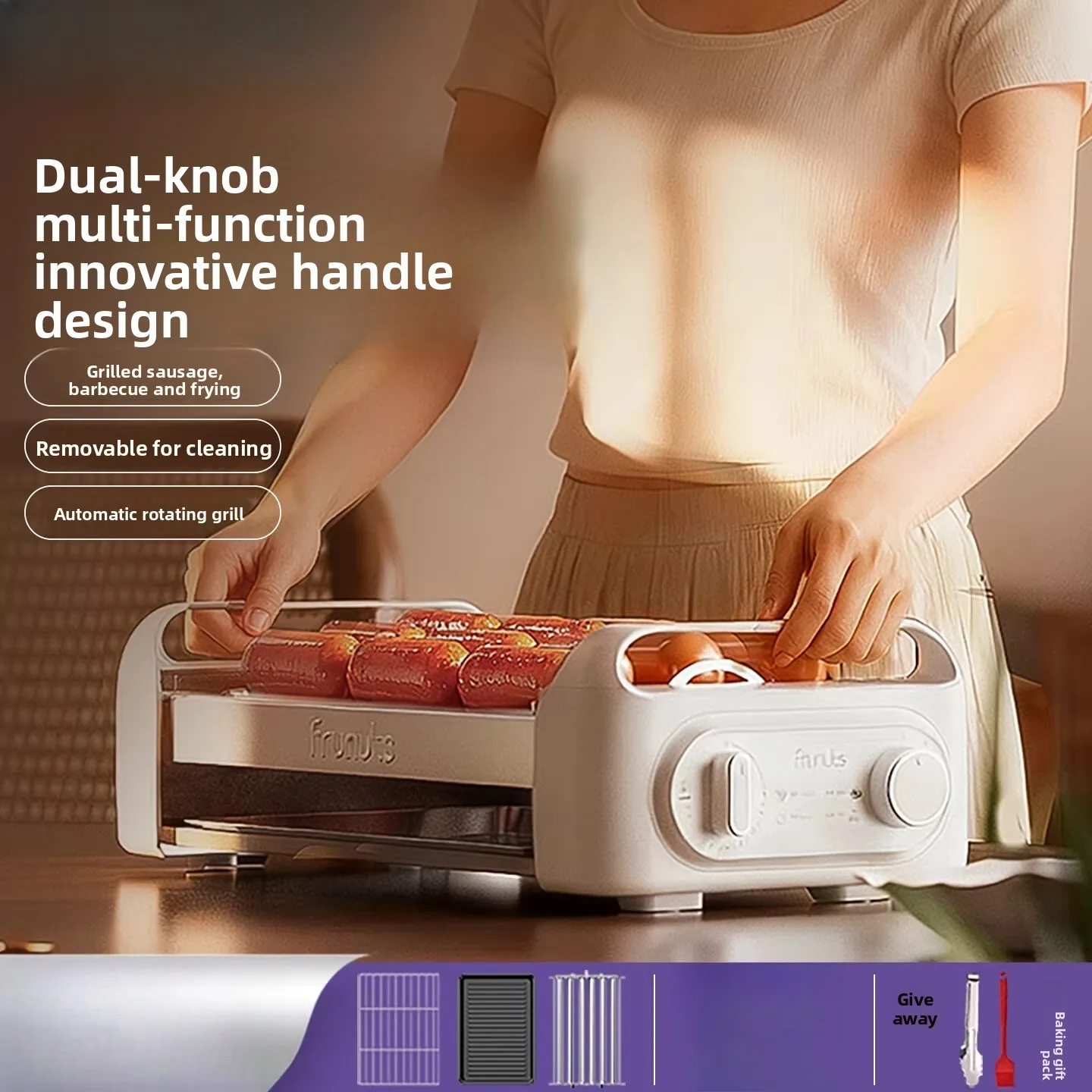 

Multifunctional sausage grill, small mini hot dog machine for home and dormitory use, fully automatic three-in-one machine