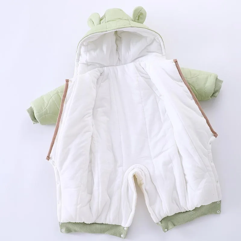 2024 Fall Winter Baby Outwear Clothing Fur Lining Warm Thick Toddler Girl\'s Rompers Cartoon Bear Infant Jumpsuit