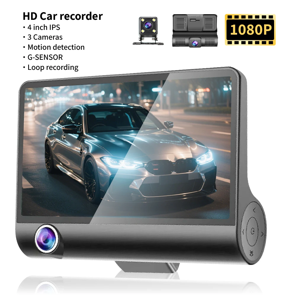 DashCam coche 3 cámaras DVR 4 pulgadas Fhd 1080P grabadora de vídeo automática tres lentes con cámara de visión trasera registrador de visión nocturna caja negra