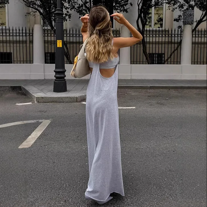 Vestido colete cinza para mulheres no outono 2025 elegante camadas soltas pescoço quadrado vestido linha saia longa