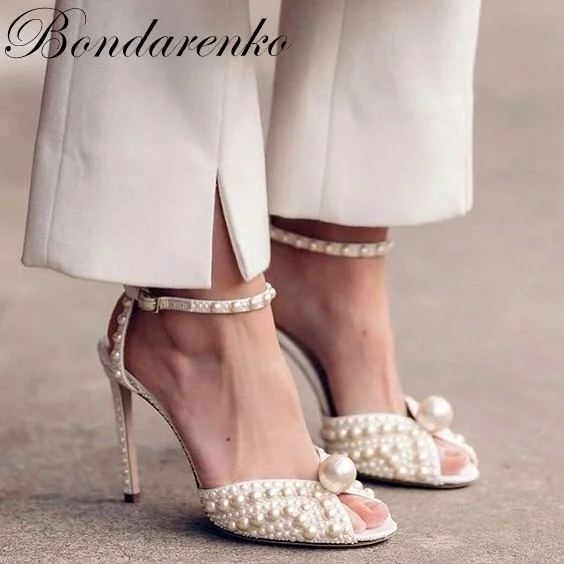 

Wedding White Heel Jewelry Peep Toe Sandals Pearls Ankle Strap Thin Heel Pumps Evening Party Designer Shoes Big Size 2022 New