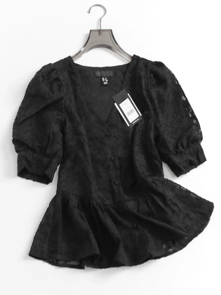

Pure Color Flocking Embroidery Slim Fit Short Sleeve A-Line Bubble Sleeve Shirt V-Neck Summer New Style Polyester Fabric