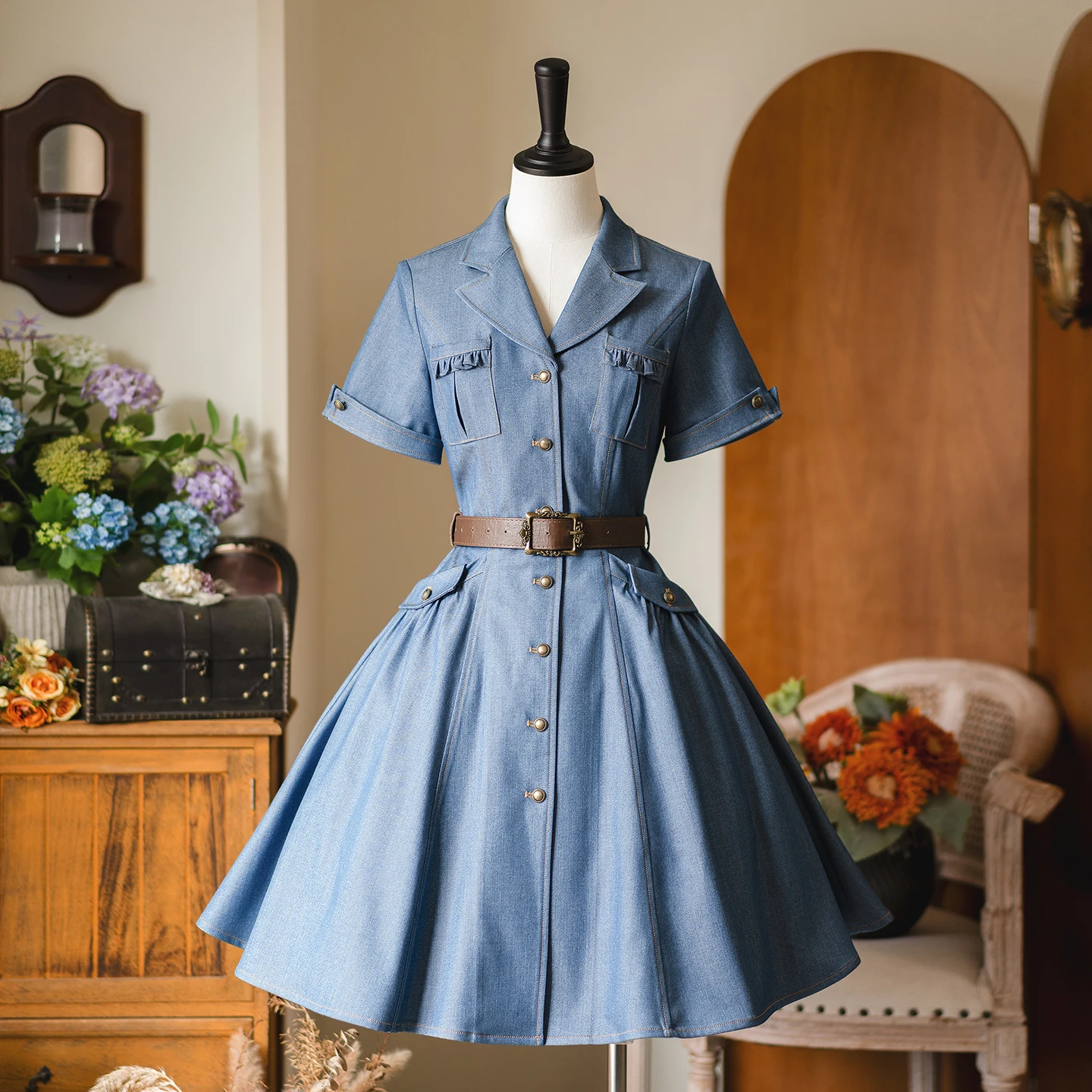 Originele Amerikaanse Retro Denim Jurk 2025, Lente Zomer Herfst Dames Slim Fit Elegante Lolita Jurk College Stijl Zoete Jurk OP