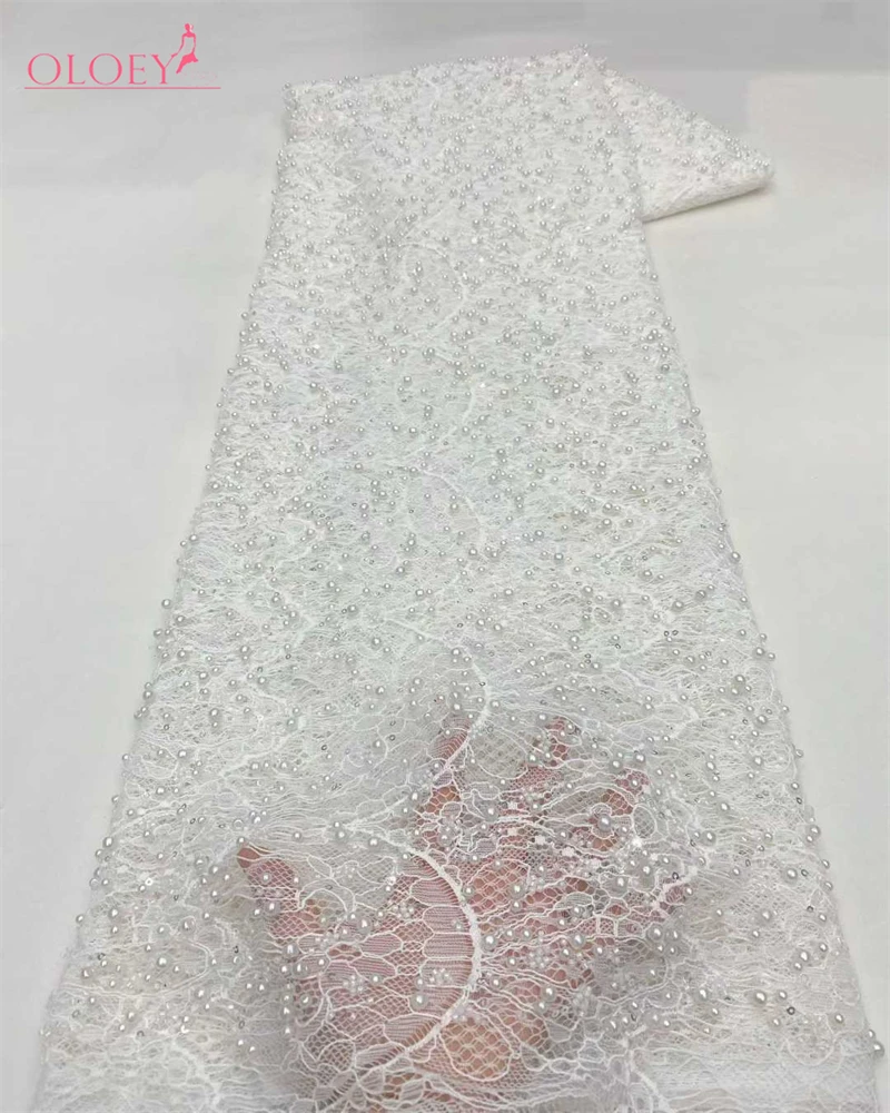 OLOEY  High Quality African Lace Fabric Sequins Mesh Lace France Luxury Beads 3D Embroidered Tulle Lace Fabric for Sewing