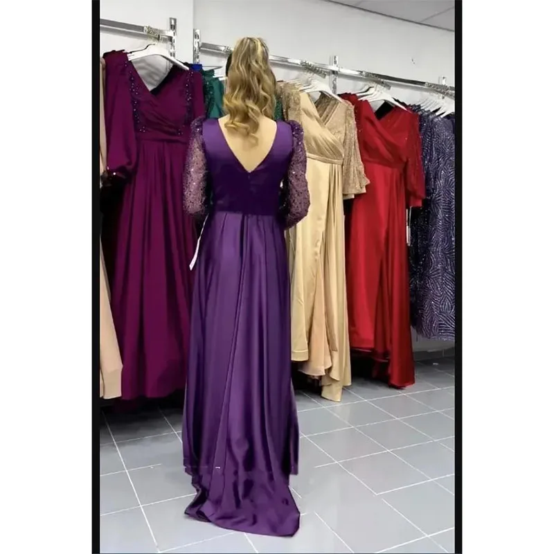 Robe de Soirée Élégante en Satin Violet Foncé pour Femme, Col en V, Manches sulf, Paillettes, Ligne A, Arabe, Dos aux, Bal