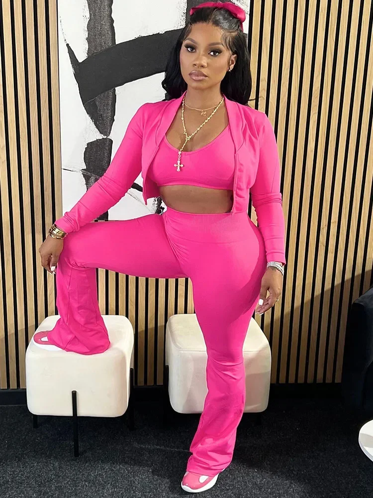 

Casual Sporty 3 Piece Sets Women Outfit Active Wear Jacket Top + Vest + Flare Pants Workout Fitness Tracksuits Joggings Femme