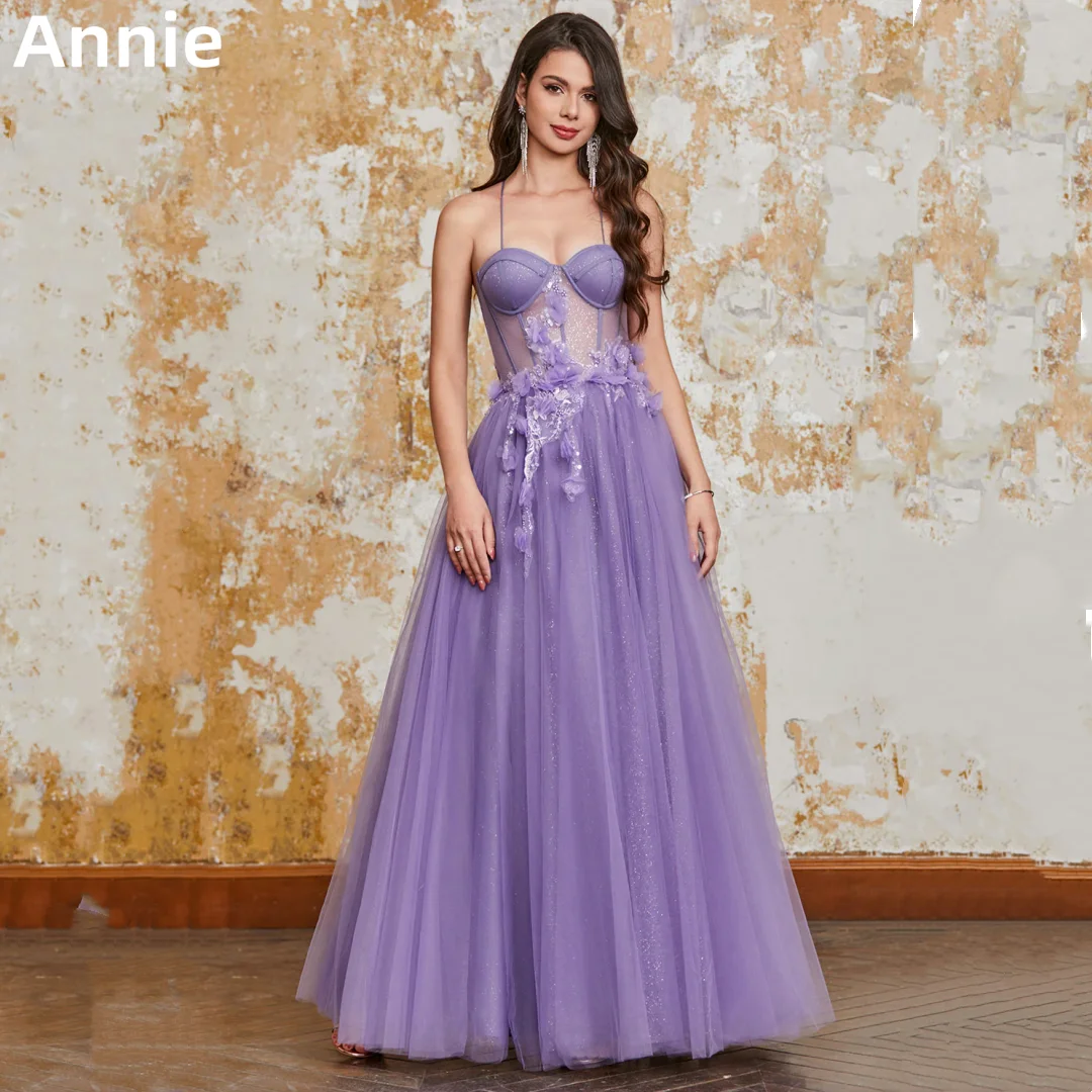 Annie Light Purple Prom Dresses Sweet 3D Glitter Lace Evening Dresses A-shaped Tulle Side Slit Corset Wedding Party Dress