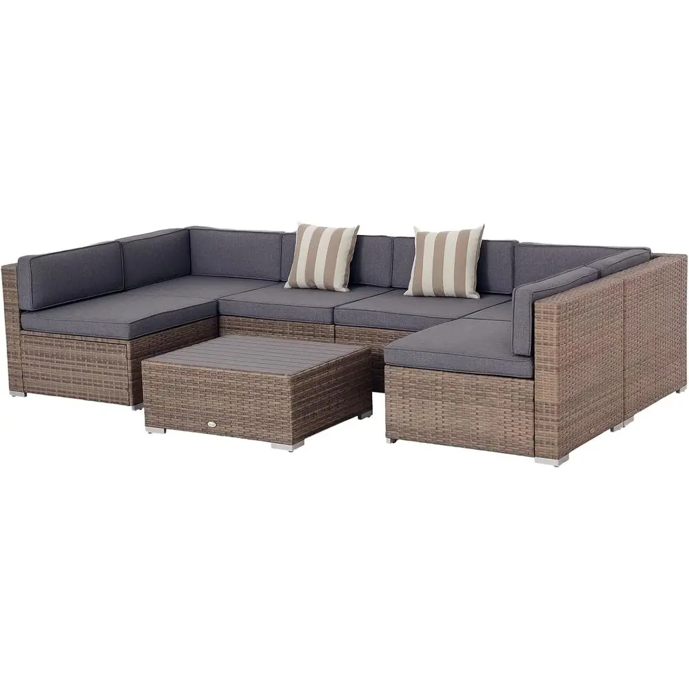 All-Weather Wicker Outdoor Sectional Sofa Set with Cushions and Wooden Coffee Table in Gray