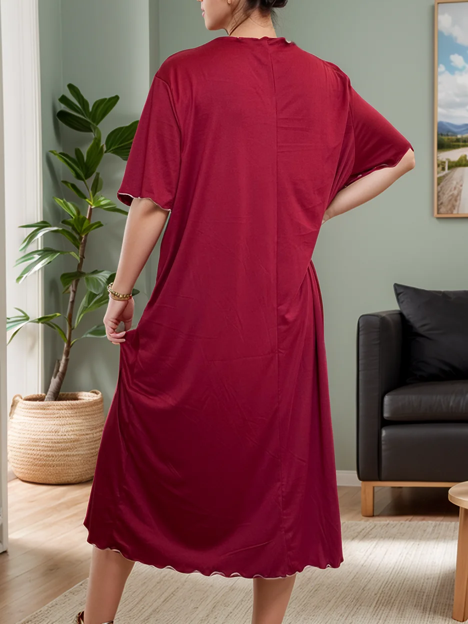 Camicia da notte da donna con fiocco taglie forti, casual, sexy, confortevole, in seta rossa, con volant, camicia da notte, pigiama da casa