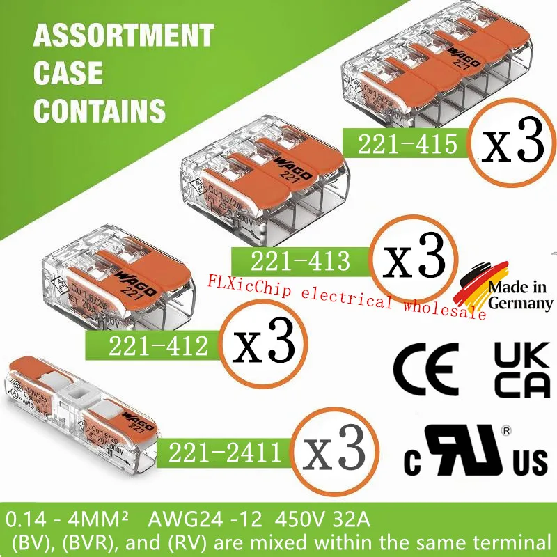 12 Uds 221 serie 4MM 2WAGO conectores 3x221-2401 3x221-412 3x221-413 3x221-415 juego combinado solución de conexión de Terminal de cable