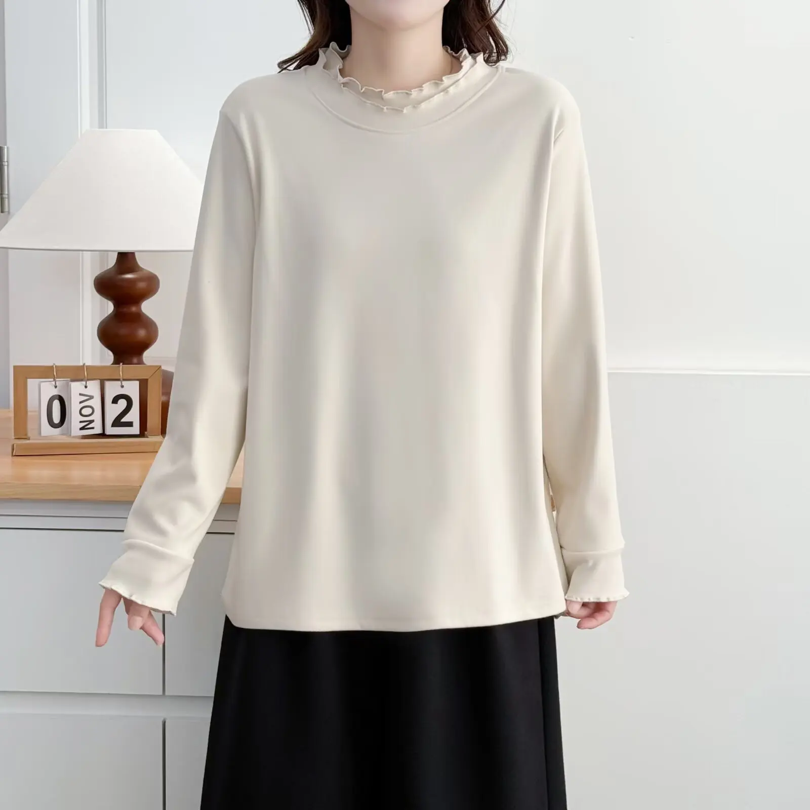 XXXXL موضة حجم كبير تي شيرت المرأة الخريف الشتاء أنيق مزدوج تكدرت طوق كم طويل دي المخملية الدافئة قاعدة القمم 2587 #3