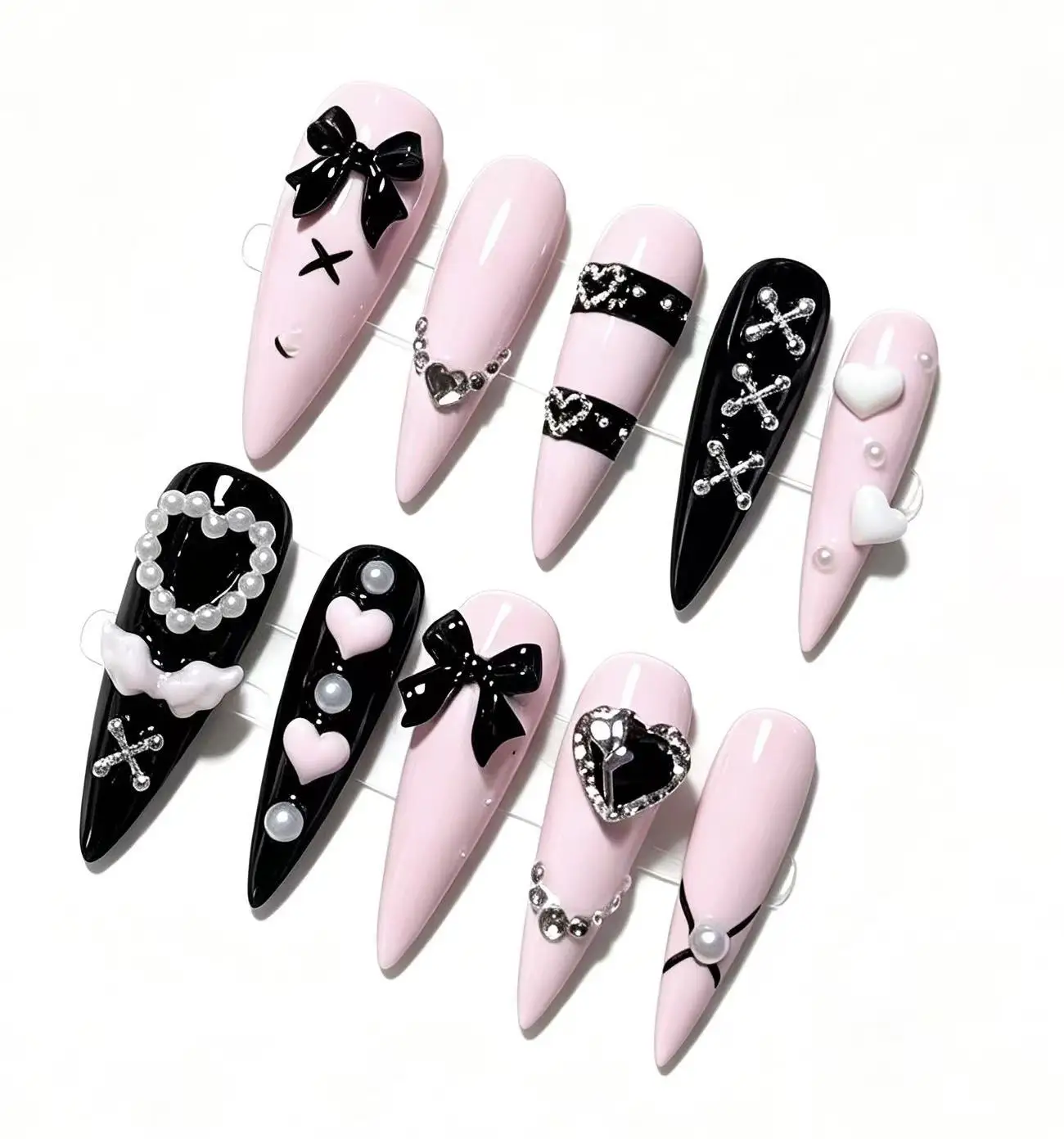 10 Stück handgemachte Y2K-Nägel mit Schleifen, Kreuzen, Herzen und Flügeln, superlange spitze Nägel, cool und süß mit glänzendem Finish, geeignet zum Tragen, inklusive Jelly-Kleber und Nagelfeile. – Detail 3