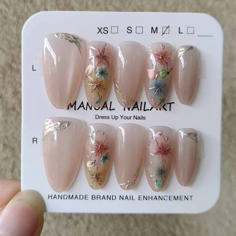 10Pcs Women Almond Change Color Tulip Flower Handmade Press on Nails Cute Nail Stickers Detachable Manicure Nail Patch Nail Tips