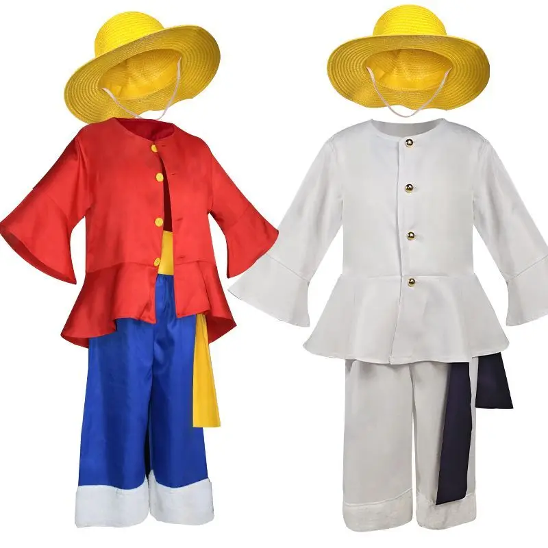 Luffy Cosplay Kostüm Anime One Piece Monkey D Luffy Rot-Weißes Outfit Strohhut Komplettset Halloween Party Rollenspiel Anzug Geschenk
