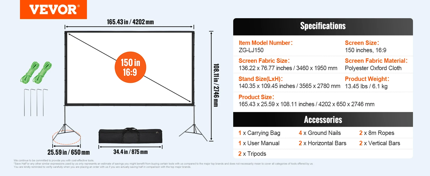 SucceBuy projectorscherm met standaard 100 120 150 inch 16:9 4K 1080 HD draagbaar projectiescherm voor thuiskantoor theater bioscoop