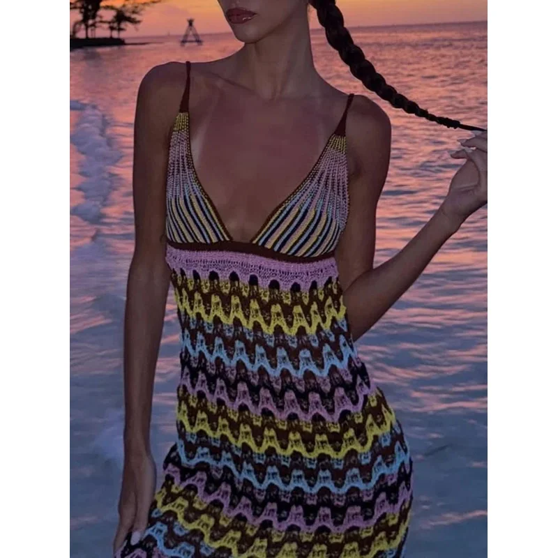 Vestido camisola de punto bohemio para mujer, minivestido Sexy con estampado de ondas y cuello en V profundo, colorido, para vacaciones en la playa, moda 2025