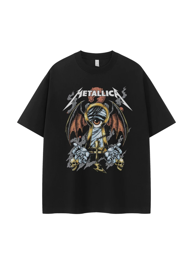 Metalllica Metal Band Vintage American Streetwear Short Sleeve T-Shirt Shoulder-Drifted Casual Top for Youth Breathable Cotton