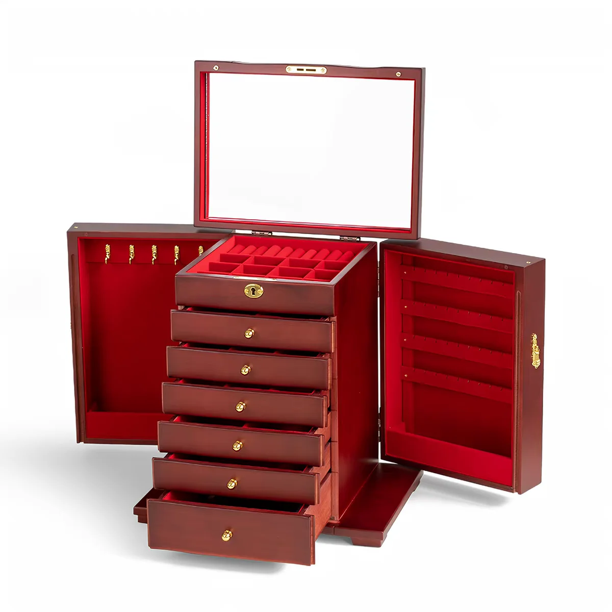 

Wooden Jewelry Box With Mirror Lock Multi-layer Jewelry Storage Case Vintage Desktop Organizer
