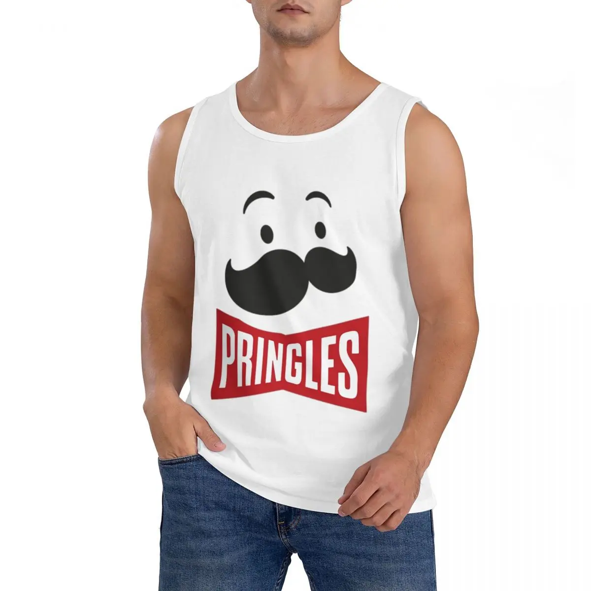 Camiseta sin mangas con estampado de Pringles de patatas fritas 100% algodón para hombre, ropa deportiva, tops, chaleco de cuello redondo para hombre