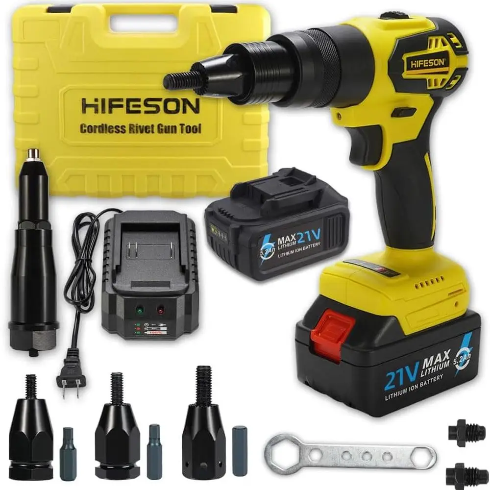 Cordless Rivet Gun Tool, 21V Electric Automatic Rivet & Rivet nut Two Functions Professional Kit with 2pcs Battery & Charger (3/